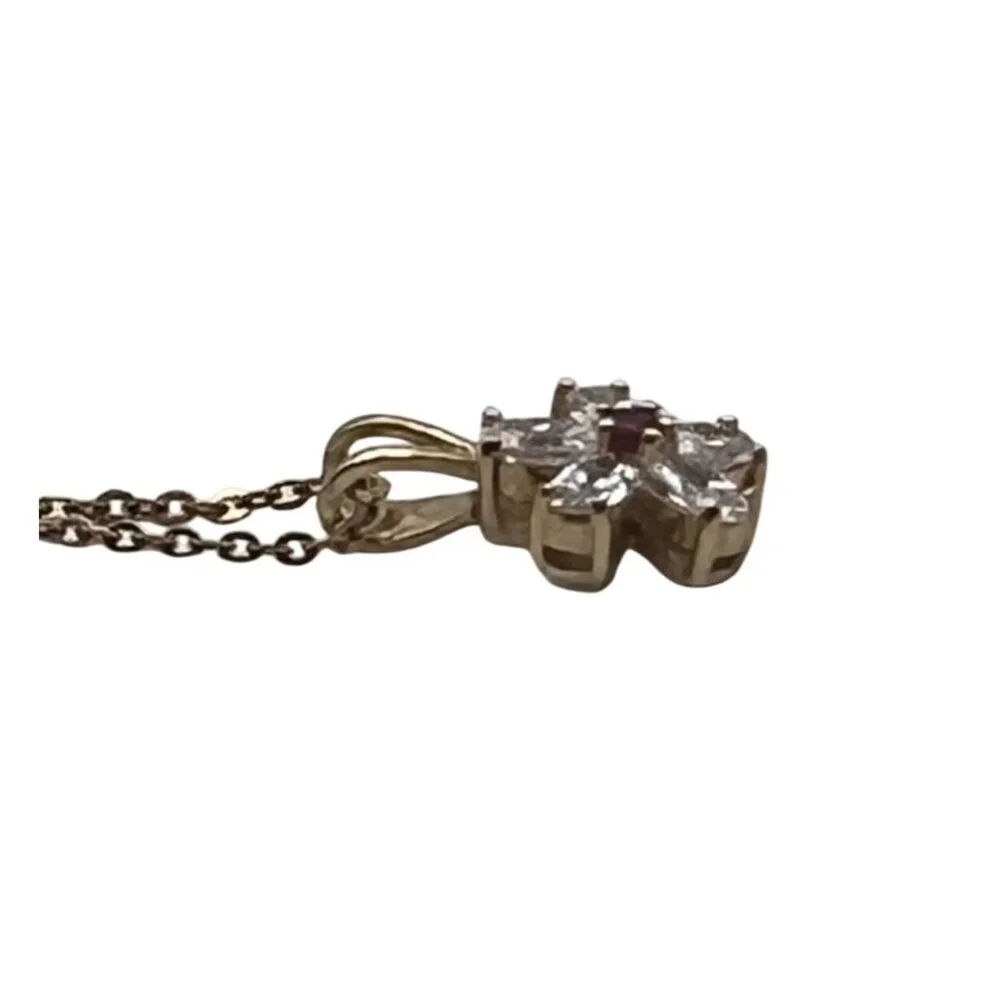 Gold Flower Pendant Necklace Clear CZ Petals Faux Ruby 17" Chain Marked JC & CCI - Picture 8 of 10